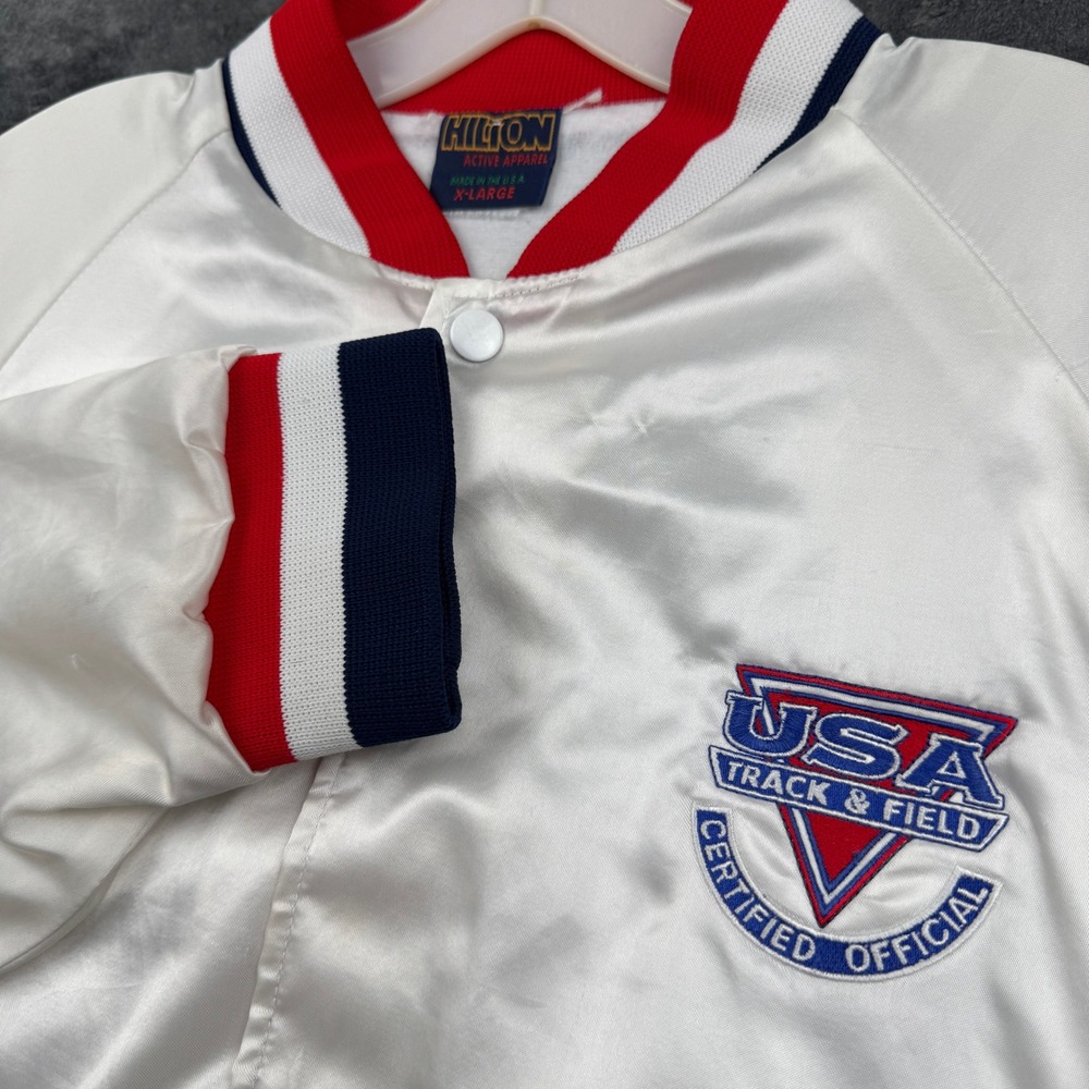Hilton USA Track & Field Bomber Jacket Mens XL Vintage White Satin Good